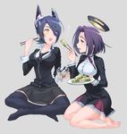  :o barefoot black_legwear bowl breasts cardigan checkered checkered_neckwear chopsticks eyepatch feeding food grey_background headgear indian_style jumping_dogeza kantai_collection mechanical_halo medium_breasts mole mole_under_eye multiple_girls necktie open_mouth plate profile purple_eyes purple_hair school_uniform short_hair sitting skirt tatsuta_(kantai_collection) tenryuu_(kantai_collection) thighhighs yellow_eyes yokozuwari 