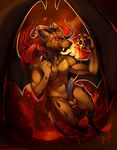  abs azelyn balls biceps blue_eyes brown_fur claws cum cum_taste demon erection fire fur hair horn i_has_a_flavor lava lava_cum male markings masturbation nude orange_fur penis pose rasya red_hair self_taste solo warm_colors wings 