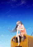  blue_eyes dress fence grey_hair hair_ornament highres isuka_misagi kono_oozora_ni_tsubasa_wo_hirogete long_hair sandals smile solo uttt 