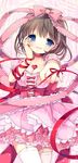  blue_eyes bow choker finger_ribbon garter_straps hair_bow hair_ribbon hand_on_own_cheek heart idolmaster idolmaster_cinderella_girls jewelry kosuzume open_mouth pendant pink_bow pink_ribbon ribbon sakuma_mayu short_hair solo thighhighs 