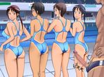  1boy 4girls ass black_hair brown_hair censored competition_swimsuit looking_back majime_club multiple_girls one-piece_swimsuit penis pool swimsuit take_your_pick tan tanline tremble trembling 