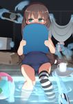  bandaid bandaid_on_knee blush brown_hair camera cup ghost green_eyes highres kickboard long_hair mug one-piece_swimsuit original panties pool school_swimsuit single_thighhigh sitting soaking_feet solo striped striped_legwear swimsuit tachimi_(basue) thighhighs tray underwear water 