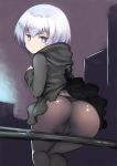  ass ass_focus black_skirt blue_eyes brown_legwear cameltoe commentary_request from_behind highres hood hood_down hoodie johan_(johan13) legs_together looking_at_viewer looking_back on_railing original panties panties_under_pantyhose pantyhose short_hair silver_hair sitting skirt solo underwear 