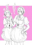  alternate_costume apron blush crossdressing enmaided free! hand_on_hip juliet_sleeves long_sleeves maid maid_headdress matsuoka_rin monochrome multiple_boys nitori_aiichirou open_mouth puffy_sleeves ruru_(ultimatepowers.info.) sharp_teeth smile sparkle teeth translation_request 