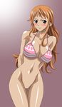  1girl bikini_top blush bottomless breasts brown_eyes censored denim erect_nipples highres hot huge_breasts jeans long_hair midriff naked_from_the_waist_down nami nami_(one_piece) navel nel-zel_formula nipples no_panties nude one_piece orange_hair pussy smile solo 