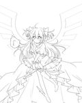  bow bow_(weapon) dress gloves greyscale hair_bow kaname_madoka lineart long_hair looking_at_viewer magical_girl mahou_shoujo_madoka_magica monochrome mushi_baibai solo spoilers ultimate_madoka weapon wings 