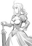  adapted_costume ahoge artoria_pendragon_(all) breasts cleavage dress fate/stay_night fate_(series) greyscale hair_ribbon hand_on_hilt hand_on_hip juliet_sleeves long_sleeves looking_away monochrome puffy_sleeves ribbon saber serious sketch small_breasts solo sword ueyama_michirou weapon 