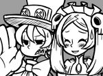  2girls artist_name bad_id bad_pixiv_id bloody_marie_(skullgirls) blush bow child closed_eyes gias-ex-machella gloves greyscale hair_ornament hat monochrome multiple_girls open_mouth peacock_(skullgirls) sharp_teeth short_hair simple_background skull_hair_ornament skullgirls smile sweatdrop teeth top_hat twintails 