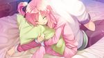  1girl barefoot bed blush eyes_closed game_cg koba_kasumi koi_saku_miyako_ni_ai_no_yakusoku_wo_~annaffiare~ natsume_eri pajamas pillow pink_hair short_hair 