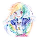  :d blue_skin casual iceberg_horn long_hair multicolored multicolored_eyes multicolored_hair my_little_pony my_little_pony_friendship_is_magic open_mouth personification rainbow rainbow_dash rainbow_hair shirt smile solo t-shirt white_background 