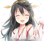  bare_shoulders black_hair bloom cherry_blossoms closed_eyes detached_sleeves hair_ornament hairband haruna_(kantai_collection) headgear japanese_clothes kantai_collection long_hair open_mouth petals ribbon-trimmed_sleeves ribbon_trim rin_yuu smile solo white_background 