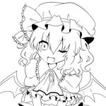  ;d bat_wings fang greyscale hair_ribbon hat jewelry lineart looking_at_viewer monochrome mushi_baibai one_eye_closed open_mouth puffy_sleeves remilia_scarlet ribbon short_hair short_sleeves smile solo touhou upper_body wings 