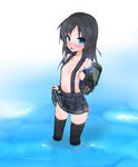  asashio_(kantai_collection) black_hair black_legwear blue_eyes blush highres kantai_collection long_hair looking_at_viewer morino_donguri navel open_mouth skirt skirt_lift solo suspenders thighhighs topless wading water wet 