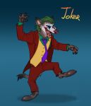 2019 4_fingers accessory alternate_species anthro bottomwear brown_body brown_clothing claws clothed clothing english_text ershd fangs fingers footwear formal_wear fully_clothed fur furrification green_hair grey_body grey_fur hair head_markings hi_res hyena joker_(2019_film) male mammal markings necktie open_mouth pants pawpads paws red_bottomwear red_clothing red_nose red_pants red_shirt red_topwear shirt shoes short_hair simple_background snout solo spread_legs spreading suit tail teeth text topwear yellow_clothing