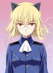  agahari alternate_hair_length alternate_hairstyle animal_ears blonde_hair blush cat_ears glasses military pantyhose perrine_h_clostermann short_hair solo strike_witches uniform world_witches_series yellow_eyes 