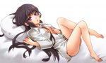  bad_id bad_pixiv_id barefoot black_hair breasts cleavage dress_shirt inu_x_boku_ss lying naked_shirt oversized_clothes pillow purple_eyes rio_(rio_01) shirakiin_ririchiyo shirt solo 