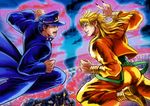  bad_id bad_pixiv_id blonde_hair blue_hair dio_brando glowing hat headband isamu jacket jojo_no_kimyou_na_bouken kuujou_joutarou multiple_boys nail_polish red_eyes yellow_jacket 