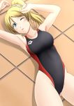  arena_(company) ayase_eli blonde_hair blue_eyes competition_swimsuit fuuma_nagi long_hair love_live! love_live!_school_idol_project lying one-piece_swimsuit one_eye_closed ponytail solo swimsuit 