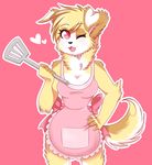  anthro apron black_nose blonde_hair breasts canine clothed clothing cute dog female fluffy_tail fur hair hairy kitchen looking_at_viewer mammal one_eye_closed open_mouth pink_background plain_background red_eyes simple_background slim smile solo standing tongue turntechno white_fur wink yellow_fur 