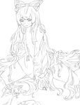  absurdly_long_hair bottomless bow dress_shirt fujiwara_no_mokou greyscale hair_bow highres hituka_(lslmlslml) lineart long_hair monochrome off_shoulder shirt solo touhou very_long_hair 