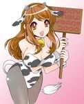  asahina_mikuru bell breasts brown_eyes brown_hair cleavage cow_print large_breasts pixiv_thumbnail resized sign suzumiya_haruhi_no_yuuutsu tail 