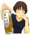  alcohol beer beer_can brown_hair can gake_no_ue_no_ponyo jas lisa_(ponyo) short_hair simple_background smile solo studio_ghibli 