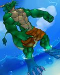  abs anthro beach biceps big_muscles brown_skin claws clothing dragon e-w01f english_text green_scales green_skin hindpaw horn male muscles necklace paws pecs pose red_eyes reptile scales scalie seaside shorts solo standing swimsuit text toe_claws toned topless water wet 
