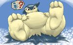  3_toes ? abstract_background ambiguous_gender blue_background blue_fur bottle brown_eyes chubby digitigrade flower fur hindpaw jammerhighwind looking_at_viewer lotion lying nintendo on_back paws plain_background pok&#233;mon pok&eacute;mon soles solo typhlosion video_games yellow_fur 