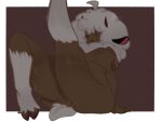 absurd_res anthro anus belly big_butt border bovid brown_background brown_body brown_skin bundraws005 butt caprine cloven_hooves female fur grey_body grey_fur grey_hair grey_wool hair hi_res hooves mammal sheep simple_background simple_eyes slightly_chubby slightly_chubby_female solo vertical_bar_eyes white_body white_border white_fur white_hair white_wool wool_(fur) wool_hair