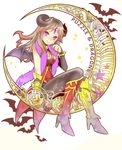  art_nouveau bat blush brown_hair cherry2317 copyright_name crescent feather_boa horns looking_at_viewer pantyhose purple_eyes puzzle_&amp;_dragons red_hair sitting smile solo wicked_lady_(p&amp;d) wings 