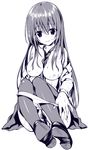  between_breasts blush breasts full_body large_breasts loafers long_hair looking_at_viewer monochrome necktie necktie_between_breasts nipples original oryou panties panty_pull shoes simple_background sitting skirt smile solo thighhighs underwear wet white_background 