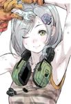  ;) arm_up armpit_hair armpits closed_mouth dirty_face ear_protection gloves green_eyes hair_ornament hairclip headphones headphones_around_neck headset kink long_hair metal_gear_(series) metal_gear_rising:_revengeance one_eye_closed silver_hair smile solo striped sunny_gurlukovich sweat tank_top wrench 