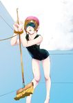  bdsm blindfold bondage bound broom brown_hair empty_pool jason_(kaiten_kussaku_kikou) one-piece_swimsuit open_mouth original pool rope school_swimsuit short_hair solo swim_cap swimsuit wet 