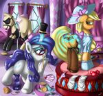  applejack_(mlp) corset cutie_mark dress dressing english_text equine female feral friendship_is_magic fur gloves green_eyes hair horn horse legwear looking_back mammal my_little_pony open_mouth orange_fur pony purple_fur purple_hair rarity_(mlp) standing stockings text unicorn ziemniax 