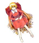  aki_shizuha autumn_leaves bad_id bad_pixiv_id barefoot blonde_hair chair dress from_above full_body graphite_(medium) hair_ornament hands_on_lap leaf_hair_ornament looking_at_viewer marker_(medium) red_dress shiratama_(hockey) short_hair simple_background sitting smile solo touhou traditional_media white_background yellow_eyes 