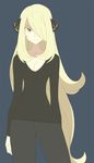  blonde_hair breasts cleavage collarbone frown grey_eyes hair_over_one_eye highres long_hair medium_breasts pokemon shirona_(pokemon) solo souji very_long_hair 