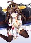  ahoge blush boots braid breast_squeeze breasts brown_hair bust_cup detached_sleeves hairband highres japanese_clothes kantai_collection kongou_(kantai_collection) large_breasts long_hair looking_at_viewer machinery miniskirt nontraditional_miko purple_eyes raiou ribbon-trimmed_sleeves ribbon_trim sexually_suggestive sitting skirt smile solo tea thigh_boots thighhighs turret wariza zettai_ryouiki 