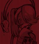 bad_id bad_pixiv_id bare_shoulders gias-ex-machella hair_over_one_eye leviathan_(skullgirls) monochrome red side_ponytail skullgirls sleeves_past_wrists squigly_(skullgirls) stitched_mouth stitches tears twintails zombie 