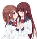  blush brown_eyes brown_hair eye_contact hands_clasped interlocked_fingers long_hair looking_at_another mizuhara_hayari multiple_girls own_hands_together saki school_uniform serafuku shinohayu_the_dawn_of_age shiratsuki_shino simple_background smile suzushiro_yukari white_background yuri 