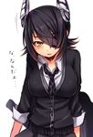  black_hair breasts eyepatch kantai_collection large_breasts necktie open_mouth shimatamago short_hair solo sweatdrop tenryuu_(kantai_collection) translated yellow_eyes 