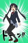  :o bow bowtie chestnut_mouth egashira_2:50 full_body green_background k-on! kore_wa_zombie_desu_ka? long_sleeves looking_at_viewer nakano_azusa pantyhose parody pose red_bow red_neckwear sakuragaoka_high_school_uniform school_uniform simple_background speed_lines standing twintails watanore 