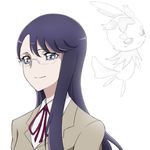  blue_eyes cologne_(heartcatch_precure!) glasses hair_ornament hairclip heartcatch_precure! long_hair looking_at_viewer mascot myoudou_gakuen_high_school_uniform precure purple_hair ribbon school_uniform simple_background smile solo tsukikage_oyama tsukikage_yuri white_background 