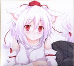  animal_ears blush breasts detached_sleeves frown hat inubashiri_momiji kittona looking_at_viewer medium_breasts red_eyes shikishi short_hair solo tail tokin_hat touhou traditional_media white_hair wolf_ears wolf_tail 