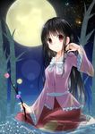  barefoot black_hair bow branch brown_eyes forest full_moon hand_in_hair highres houraisan_kaguya jeweled_branch_of_hourai long_hair long_sleeves looking_at_viewer moon nature night shirt sitting skirt sky smile solo star_(sky) starry_sky tika_(mika4975) touhou very_long_hair wariza water wide_sleeves 
