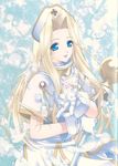  artist_request blonde_hair blue_background blue_eyes feathers gloves hat long_hair mint_adenade nurse_cap scan smile solo tales_of_(series) tales_of_phantasia wand 