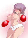  1girl areolae bouncing_breasts boxing boxing_gloves breasts brown_hair buruma eyes_closed female grin large_breasts navel nipples no_panties noise original short_hair smile solo sport standing topless 