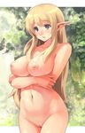  1girl blonde_hair blush breast_hold breasts brown_eyes elf hips large_breasts leaf long_hair macho_edamatsu navel nipples nude open_mouth original pointy_ears pussy solo uncensored 