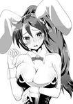  animal_ears blush bompay bow breasts bunny_ears bunnysuit cleavage cuff_links greyscale large_breasts long_hair monochrome ponytail pyrrha_nikos rwby solo 