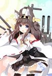  ahoge animal_ears blush brown_hair cat_ears cat_tail detached_sleeves hairband japanese_clothes kantai_collection kemonomimi_mode kongou_(kantai_collection) kurata_yumi long_hair looking_at_viewer open_mouth ribbon-trimmed_sleeves ribbon_trim skirt smile solo tail thighhighs wide_sleeves 