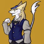  bow claws clothing eyewear futonmania glasses invalid_tag plain_background sergal simmons simple_background solo vest yellow_background yellow_eyes 